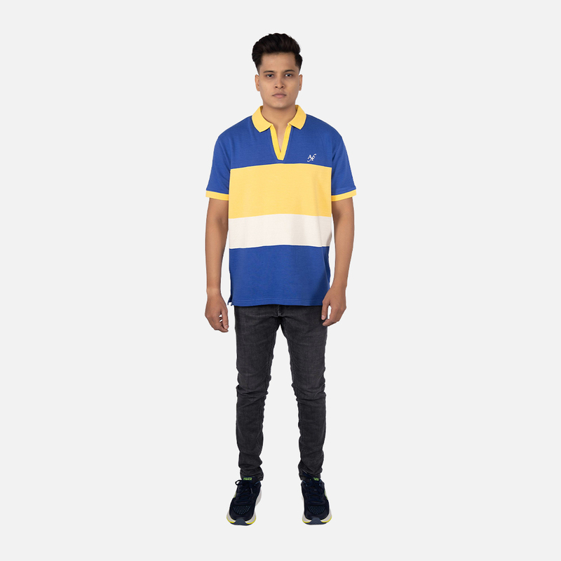 Men Dark Royal Blue Bold Multi Stripe Polo V - Neck T-shirt