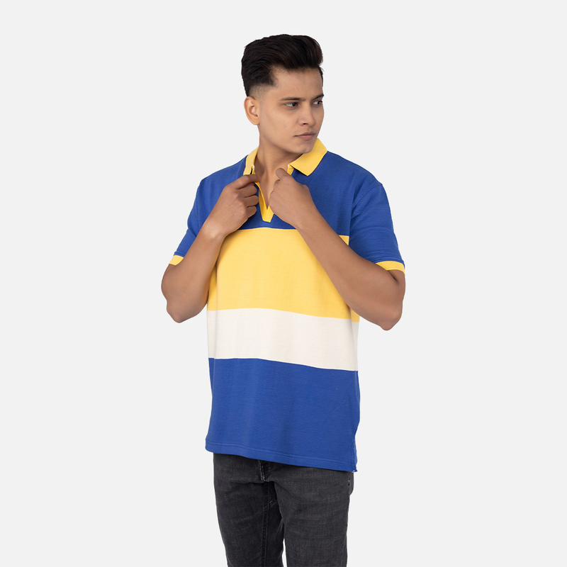 Men Dark Royal Blue Bold Multi Stripe Polo V - Neck T-shirt