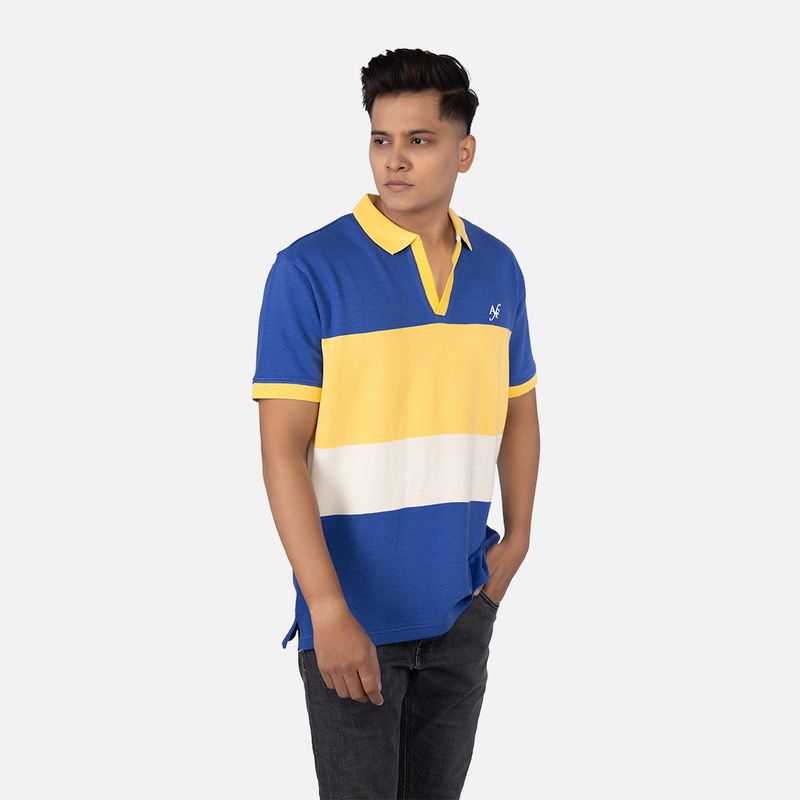 Men Dark Royal Blue Bold Multi Stripe Polo V - Neck T-shirt