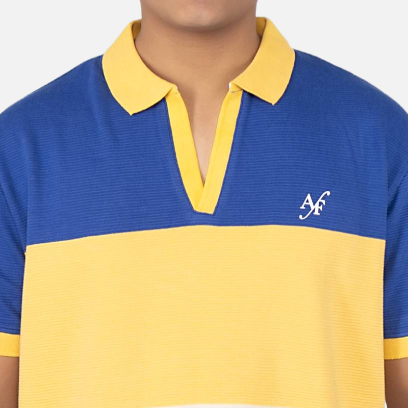 Men Dark Royal Blue Bold Multi Stripe Polo V - Neck T-shirt