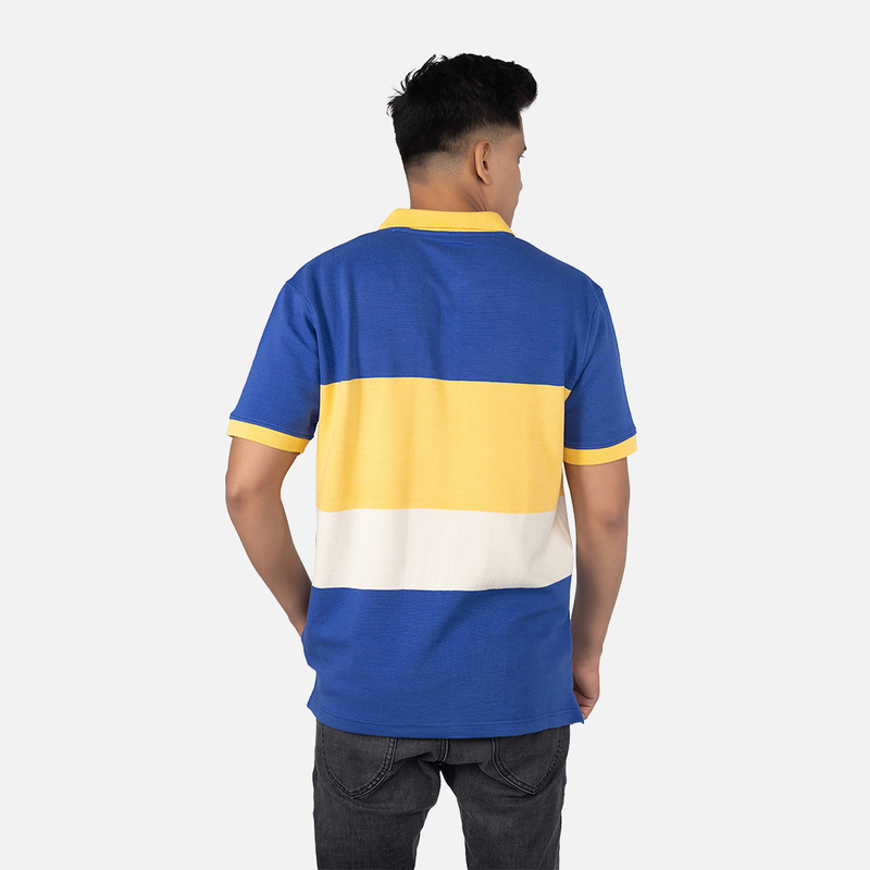 Men Dark Royal Blue Bold Multi Stripe Polo V - Neck T-shirt