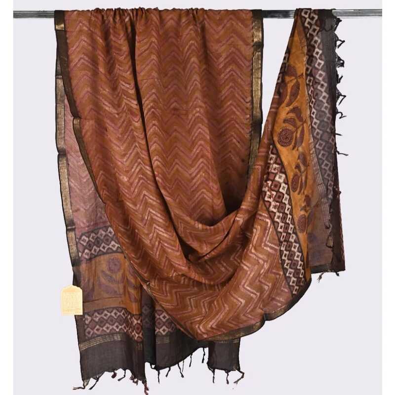 Cotton Block Print Dupatta Zari Border #9