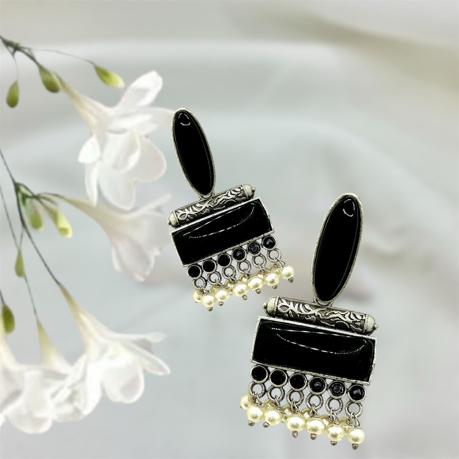 Silver plated Brass Earrings (Black) #9