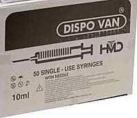 HMD Dispo Van Syringe with Needle 10ml | Sterile Disposable Luer Slip Syringe | Box of 100