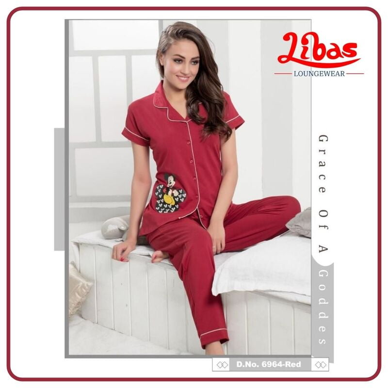 Plain Maroon Hosiery Plus Women's Collar Nightsuit With Mickey Print From Libas Loungewear - FPS092 Plain Maroon Hosiery Plus Women's Collar Nightsuit With Mickey Print From Libas Loungewear - FPS092