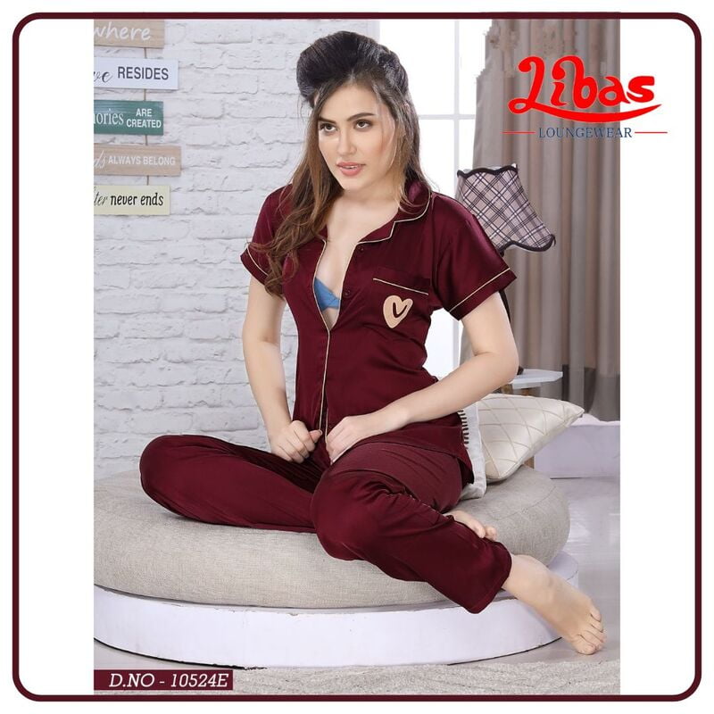 Plain tukawa Maroon Armani Satin Women Night Suit With Collar Style From Libas Loungewear - FPS119 Plain tukawa Maroon Armani Satin Women Night Suit With Collar Style From Libas Loungewear - FPS119