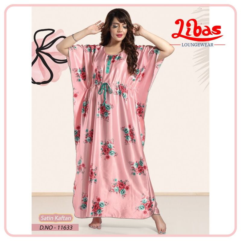 Pale Chestnut Armani Satin Kaftan Nighty With Floral Print All Over From Libas Loungewear - KF356 Pale Chestnut Armani Satin Kaftan Nighty With Floral Print All Over From Libas Loungewear - KF356