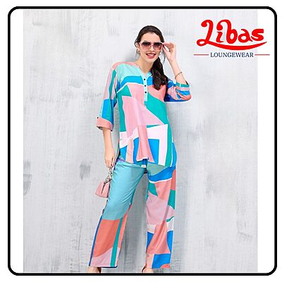 Icy Aqua Geometric Top & Bottom Hosiery Cotton Women Night Suit From Libas Loungewear- FPS150