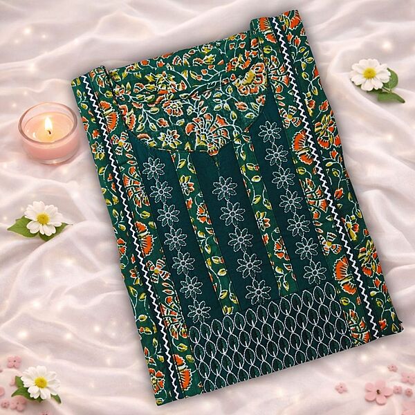 Pine Green Cotton Nighty With Floral Print All Over From Libas Loungewear - AL1127