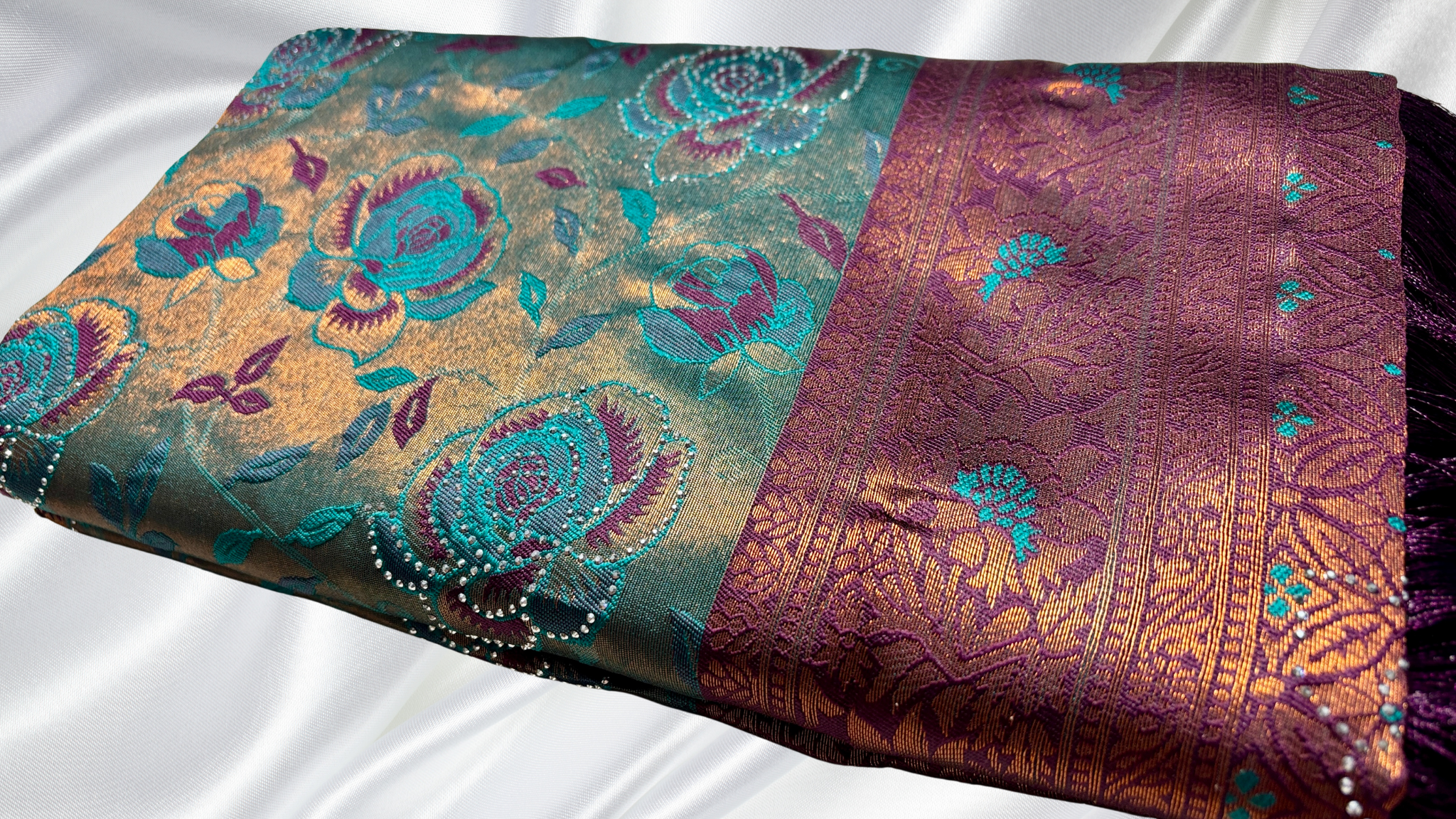 Rozy Stone Work Silk Saree - Pine Green & Dark Plum
