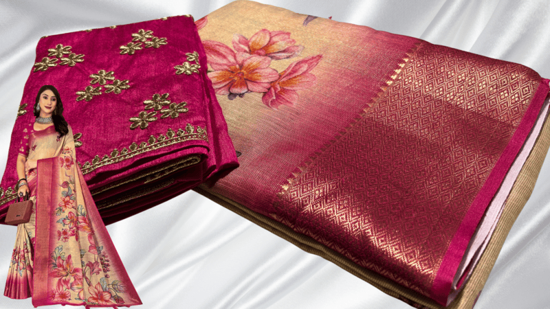 Bharati Tissue Designer Pink Cream Silk Saree