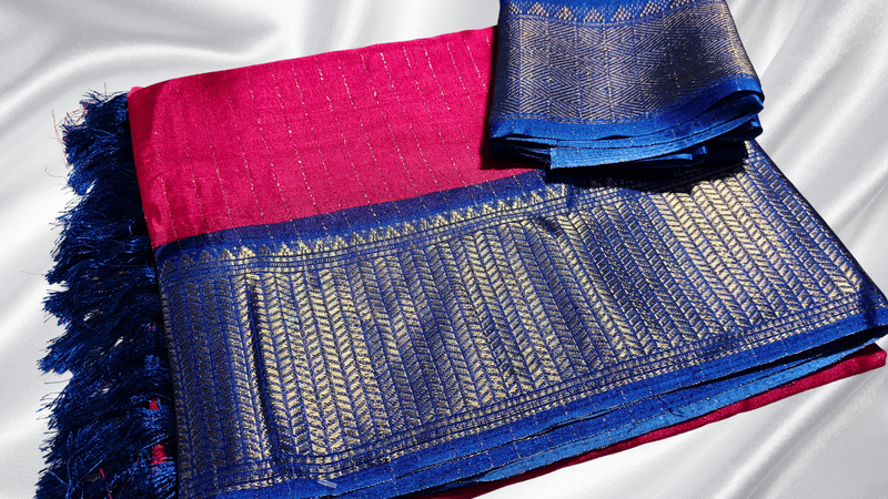 Shanti Pattu Gold Fany Silk Saree - Pink & Dark Blue
