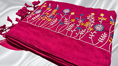 Khadi Cotton Floral Embroidery Saree - Pink Khadi Cotton Floral Embroidery Saree - Pink