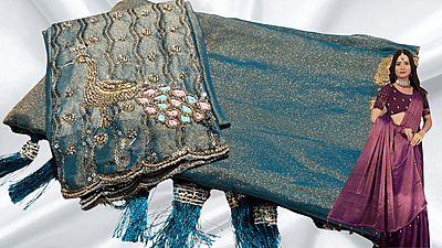 Winter Peacock Aari Cut Work Saree - Aqua