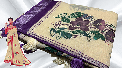 Linen Aari Work Sandal Saree - Violet