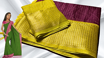 Mangalam Soft Vaira Oosi Saree - Dark Plum & Mustard Mangalam Soft Vaira Oosi Saree - Dark Plum & Mustard