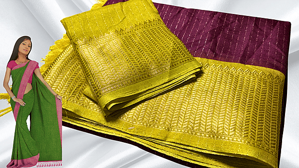 Mangalam Soft Vaira Oosi Saree - Dark Plum & Mustard