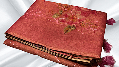 Tissue Silk Thread Work Aari Saree - Coral Pink