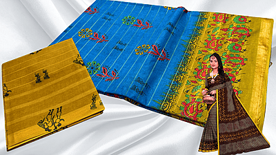 Batik Jari Pure Cotton Saree - Blue & Mustard Batik Jari Pure Cotton Saree - Blue & Mustard