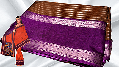 Tiger Silk Gold Jari Saree - Brown & Purple Tiger Silk Gold Jari Saree - Brown & Purple