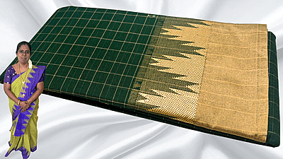 Pure Chettinadu Cotton Temple Checks Saree - Dark Green & Cream