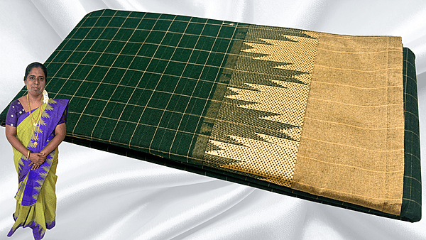 Pure Chettinadu Cotton Temple Checks Saree - Dark Green & Cream