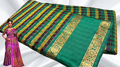Madarash Fancy Chex Jari Saree - Pine Green