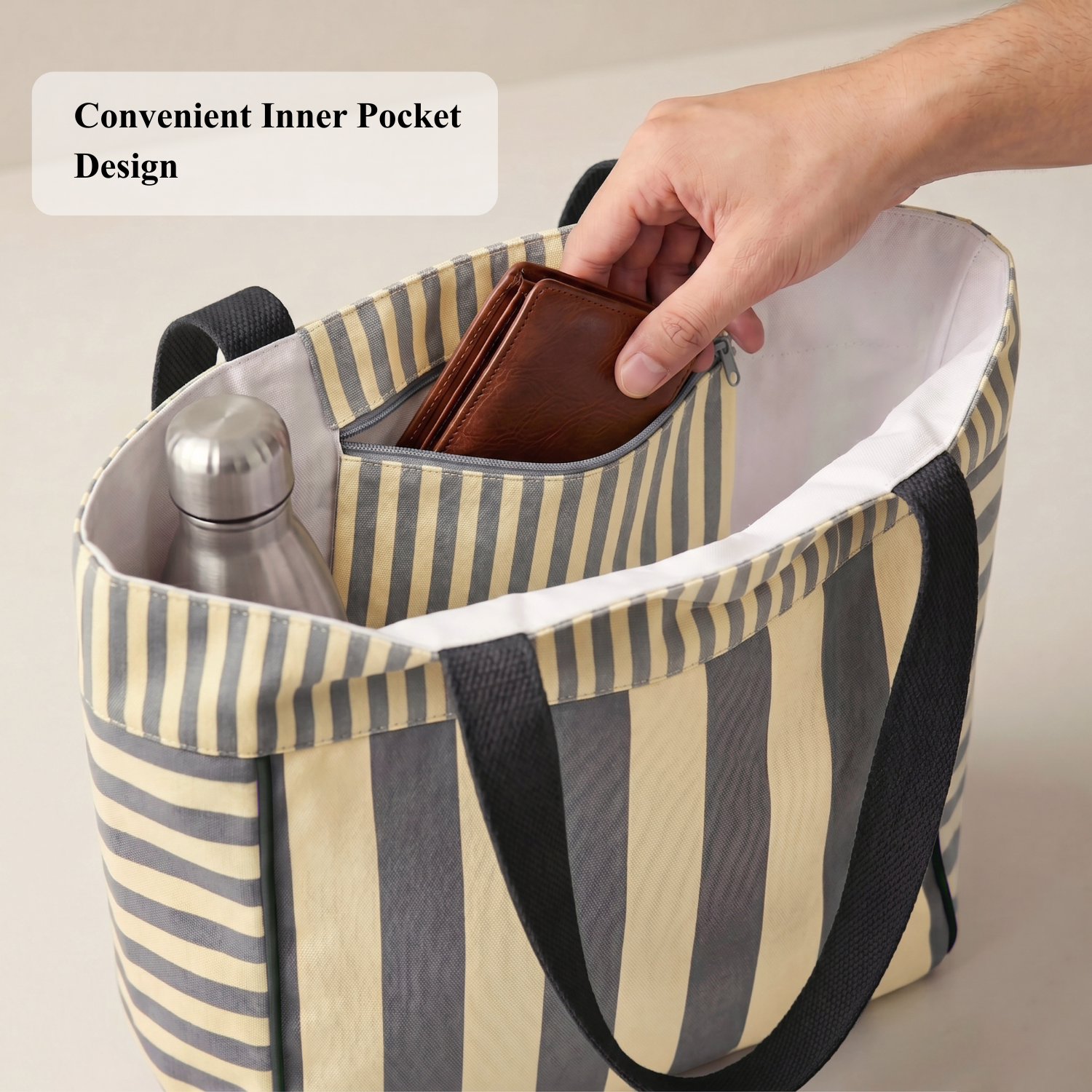 Stylish Striped Tote Bag with Inner Pocket - Cream and Grey Combo