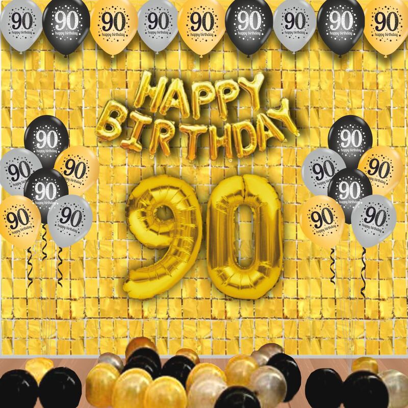 The Magic Balloons- Happy 90th Birthday decoration kit combo 48 pcs Black Golden & silver 30 pcs rubber balloons, Happy Birthday foil banner with 90 Number foil, 2pcs Golden foil Curtain & air-pump