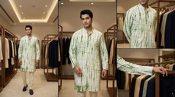 Kala Sanskruti Green & White Color Cotton Sibori Jents Kurta (XL) Elegant Traditional Cotton Satin Kurta For Jents