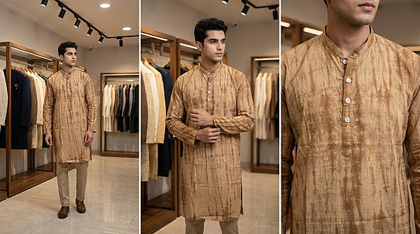 Kala Sanskruti Light Dark Chiku Color Cotton Sibori Jents Kurta (XL) Elegant Traditional Cotton Satin Kurta For Jents