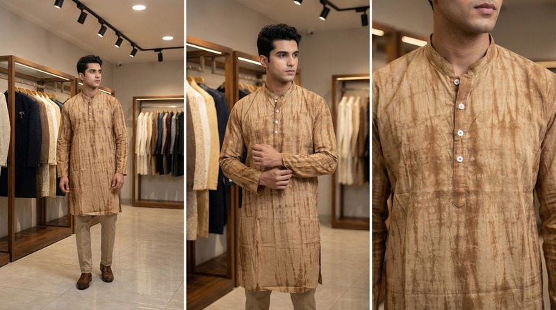 Kala Sanskruti Light Dark Chiku Color Cotton Sibori Jents Kurta (XL) Elegant Traditional Cotton Satin Kurta For Jents