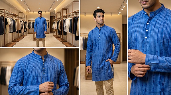 Kala Sanskruti Light Dark Blue Color Cotton Sibori Jents Kurta 3XL Elegant Traditional Cotton Satin Kurta For Jents