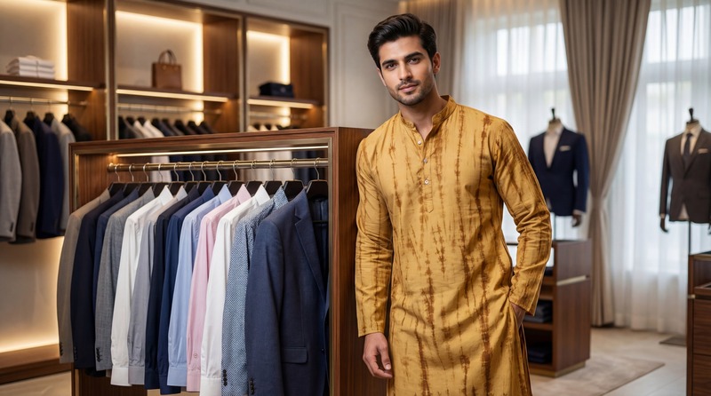 Kala Sanskruti Light Dark Rust Color Cotton Sibori Jents Kurta 3XL Elegant Traditional Cotton Satin Kurta For Jents