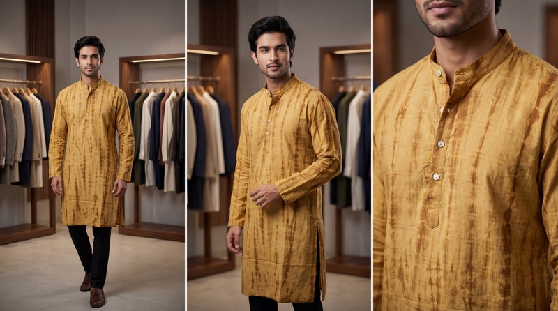 Kala Sanskruti Light Dark Rust Color Cotton Sibori Jents Kurta 3XL Elegant Traditional Cotton Satin Kurta For Jents