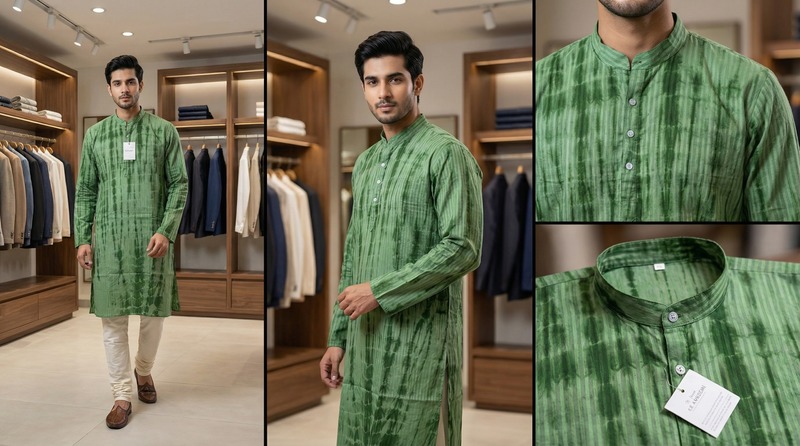 Kala Sanskruti Light Dark Pista Color Cotton Sibori Jents Kurta (XL) Elegant Traditional Cotton Satin Kurta For Jents