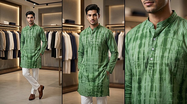 Kala Sanskruti Light Dark Pista Color Cotton Sibori Jents Kurta (XL) Elegant Traditional Cotton Satin Kurta For Jents