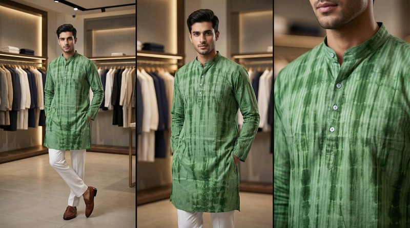 Kala Sanskruti Light Dark Pista Color Cotton Sibori Jents Kurta (XL) Elegant Traditional Cotton Satin Kurta For Jents