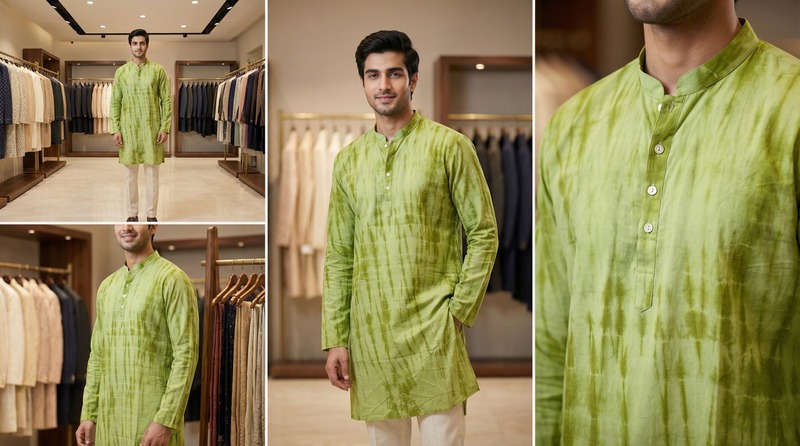 Kala Sanskruti Light Dark Mehndi Color Cotton Sibori Jents Kurta (XL) Elegant Traditional Cotton Satin Kurta For Jents