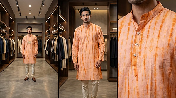 Kala Sanskruti Light Dark Orange Color Cotton Sibori Jents Kurta (3XL) Elegant Traditional Cotton Satin Kurta For Jents