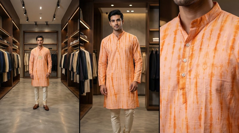 Kala Sanskruti Light Dark Orange Color Cotton Sibori Jents Kurta (3XL) Elegant Traditional Cotton Satin Kurta For Jents