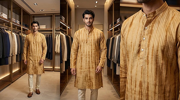 Kala Sanskruti Light Dark Rust Color Cotton Sibori Jents Kurta (2XL) Elegant Traditional Cotton Satin Kurta For Jents