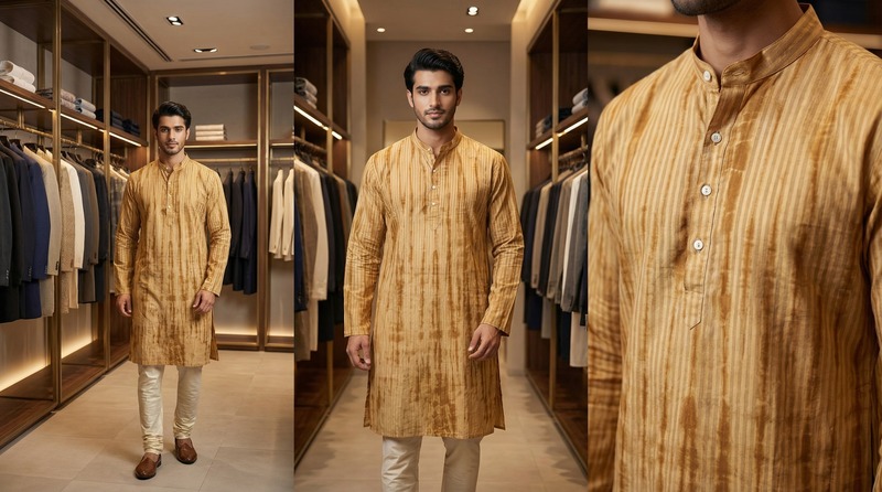 Kala Sanskruti Light Dark Rust Color Cotton Sibori Jents Kurta (2XL) Elegant Traditional Cotton Satin Kurta For Jents