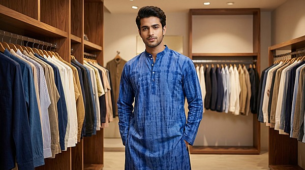 Kala Sanskruti Light Dark Blue Color Cotton Sibori Jents Kurta (2XL) Elegant Traditional Cotton Satin Kurta For Jents