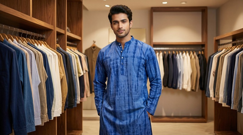 Kala Sanskruti Light Dark Blue Color Cotton Sibori Jents Kurta (2XL) Elegant Traditional Cotton Satin Kurta For Jents