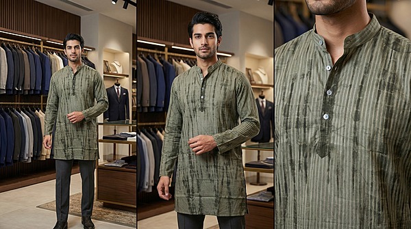 Kala Sanskruti Light Dark Gray Color Cotton Sibori Jents Kurta (XL) Elegant Traditional Cotton Satin Kurta For Jents