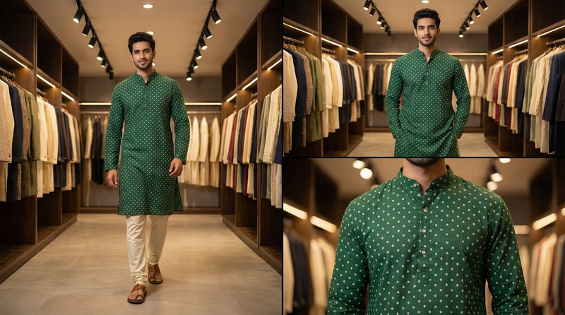 Kala Sanskruti All Over Green Color Cotton Bandhani Jents Kurta (XL) Elegant Traditional Cotton Satin Kurta For Jents