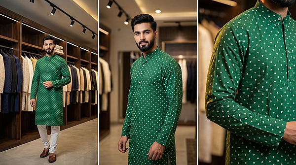 Kala Sanskruti All Over Green Color Cotton Bandhani Jents Kurta (XL) Elegant Traditional Cotton Satin Kurta For Jents