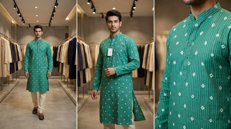 Kala Sanskruti All Over Rama Green Color Cotton Bandhani Jents Kurta (2XL) Elegant Traditional Cotton Satin Kurta For Jents