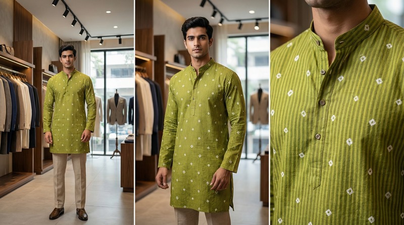 Kala Sanskruti All Over Mahendi Color Cotton Bandhani Jents Kurta (XL) Elegant Traditional Cotton Satin Kurta For Jents